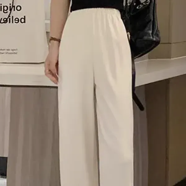 Elastic Waist Loose Fit White Color Women Bottom Wide Leg Trouser