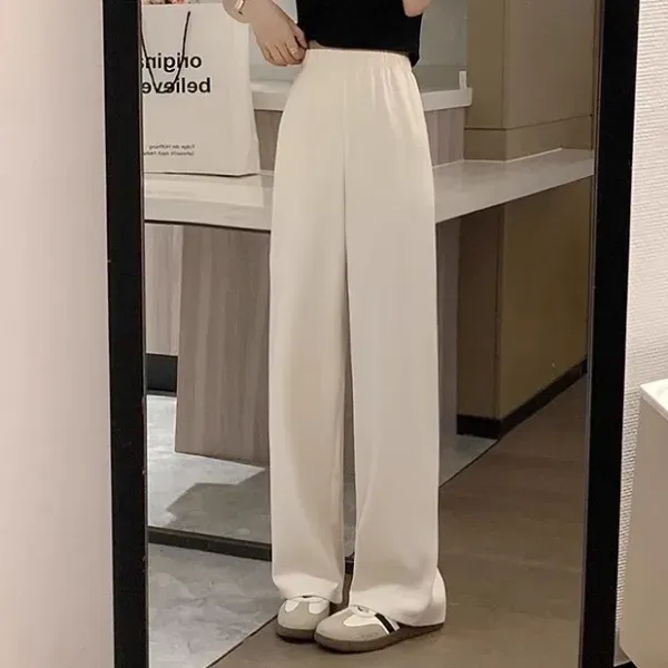 Elastic Waist Loose Fit White Color Women Bottom Wide Leg Trouser