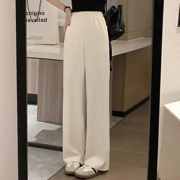 Elastic Waist Loose Fit White Color Women Bottom Wide Leg Trouser