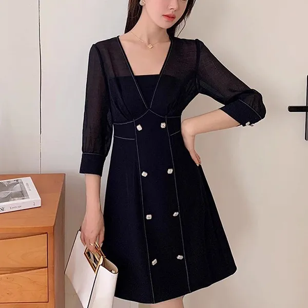 Elegant Black A-Line Double-Breasted Dress