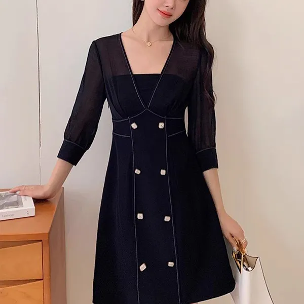 Elegant Black A-Line Double-Breasted Dress
