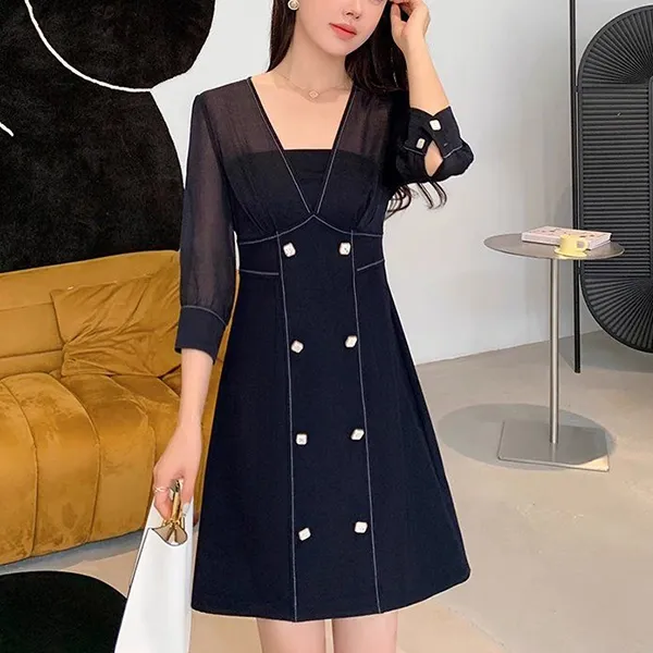 Elegant Black A-Line Double-Breasted Dress