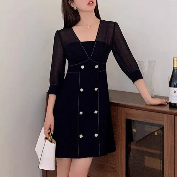 Elegant Black A-Line Double-Breasted Dress