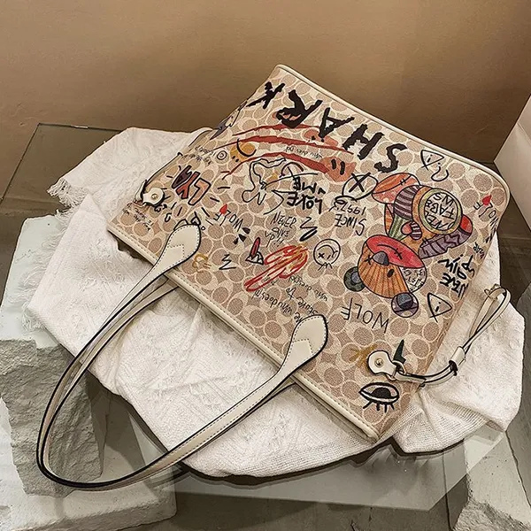 Large Graffiti Print Tote Bag With Shoulder Straps