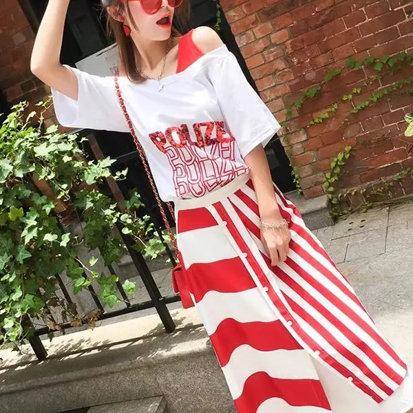 Sequin Text Top and Striped Button Skirt Set