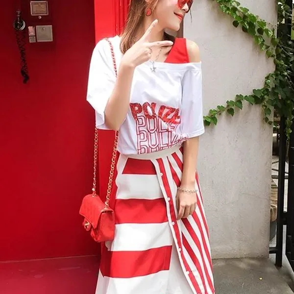 Sequin Text Top and Striped Button Skirt Set