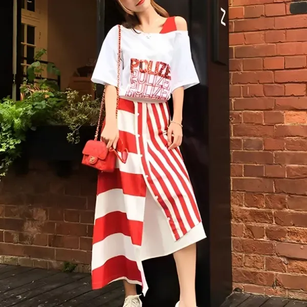 Sequin Text Top and Striped Button Skirt Set