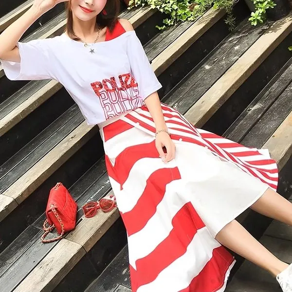 Thumbnail of Sequin Text Top and Striped Button Skirt Set