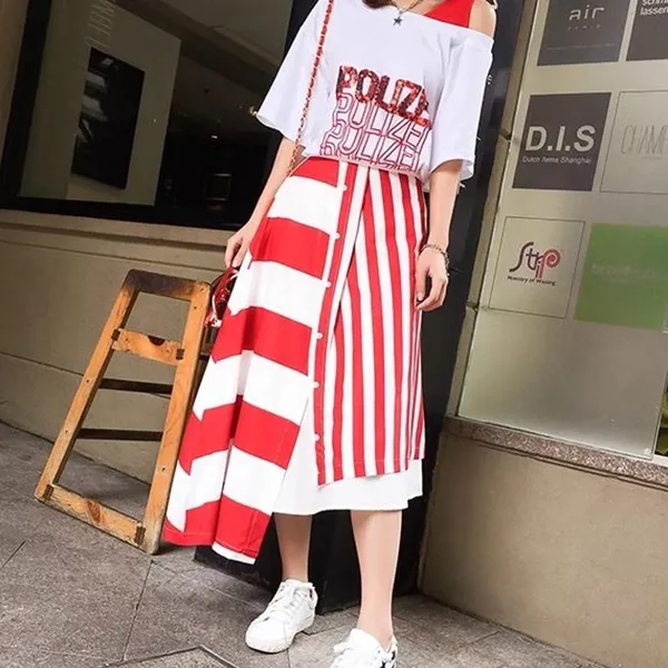 Thumbnail of Sequin Text Top and Striped Button Skirt Set