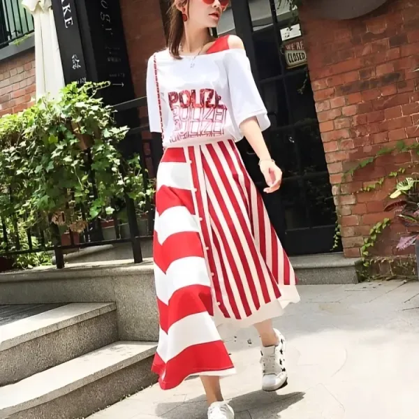 Sequin Text Top and Striped Button Skirt Set