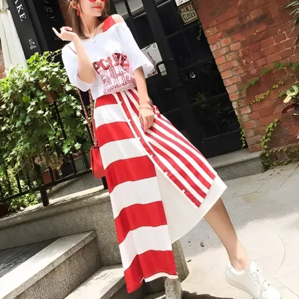 Sequin Text Top and Striped Button Skirt Set