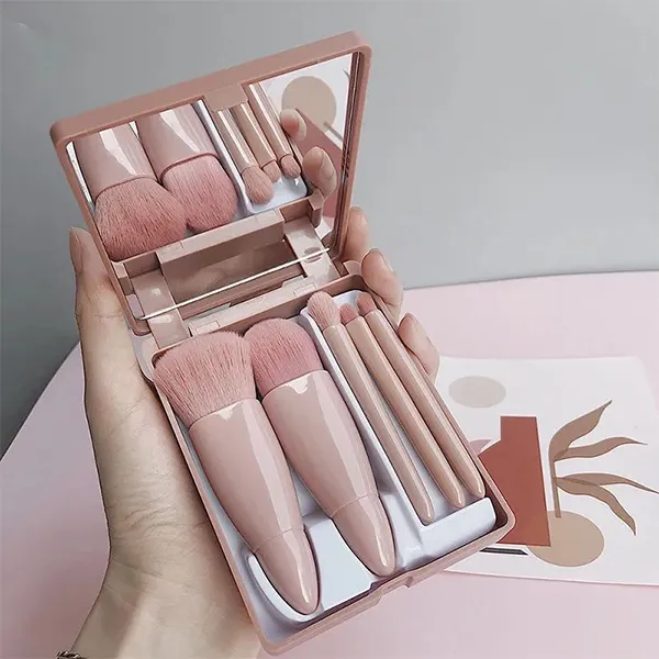 5Pcs Mini Travel Makeup Brush Set with Mirror Case