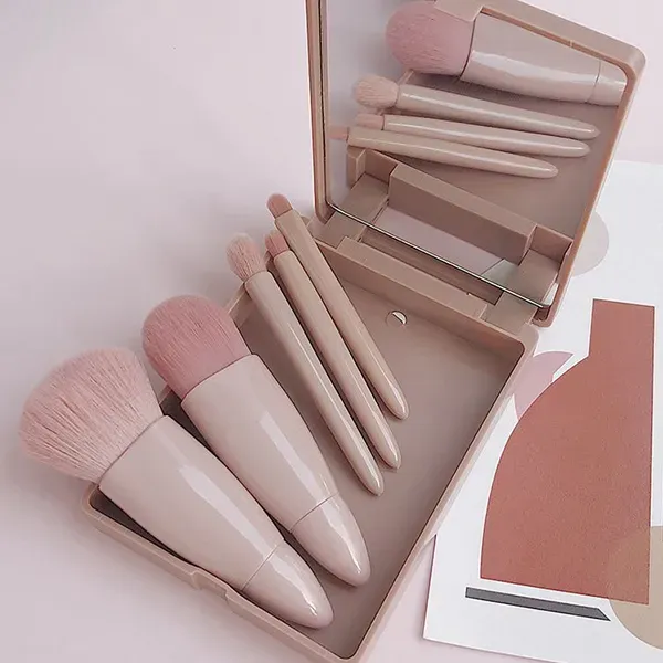 5Pcs Mini Travel Makeup Brush Set with Mirror Case