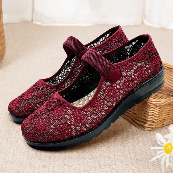 Women Red Floral Mesh Flat Shoe