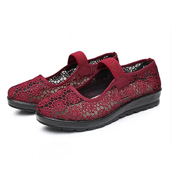 Women Red Floral Mesh Flat Shoe
