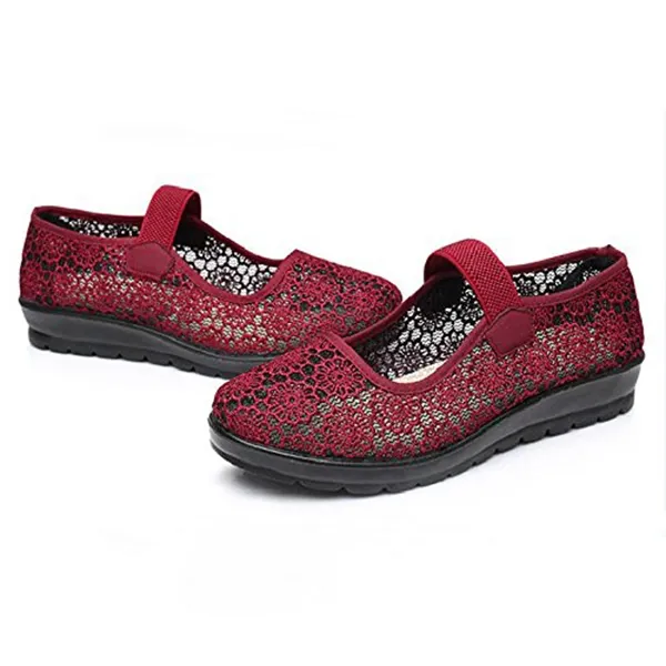 Women Red Floral Mesh Flat Shoe
