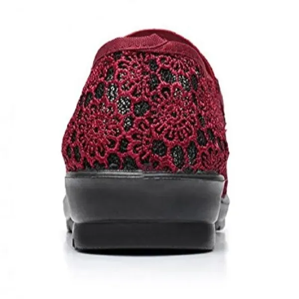 Women Red Floral Mesh Flat Shoe
