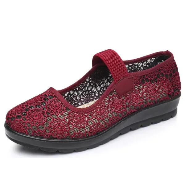 Women Red Floral Mesh Flat Shoe