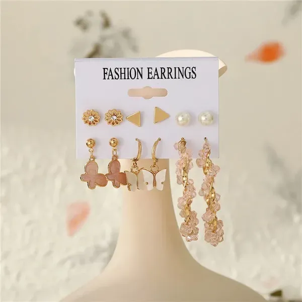 Thumbnail of 6-Pair Pink Butterfly, Pearl and Beaded Gold Earrings Set