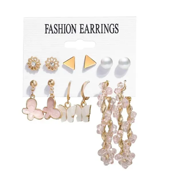 6-Pair Pink Butterfly, Pearl and Beaded Gold Earrings Set