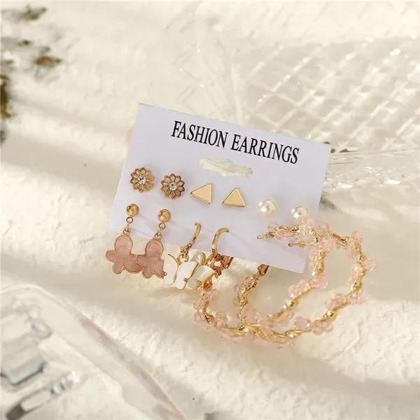 6-Pair Pink Butterfly, Pearl and Beaded Gold Earrings Set
