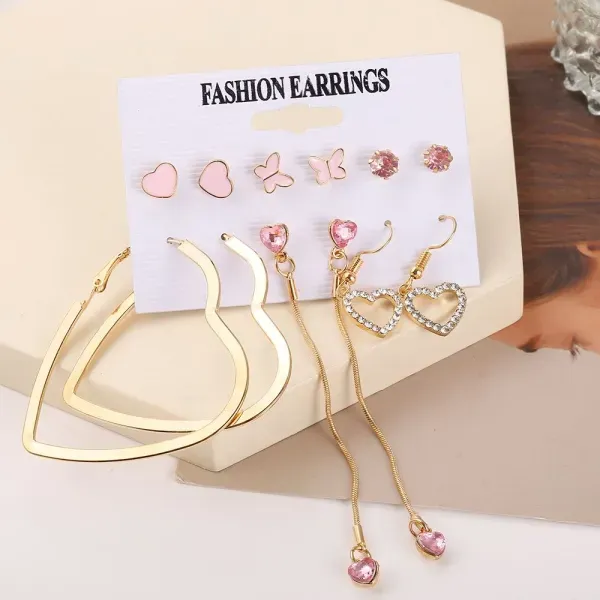 Thumbnail of 6-Pair Pink Heart and Butterfly Gold Earrings Set