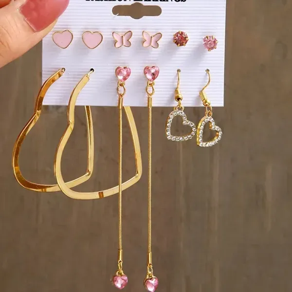 Thumbnail of 6-Pair Pink Heart and Butterfly Gold Earrings Set