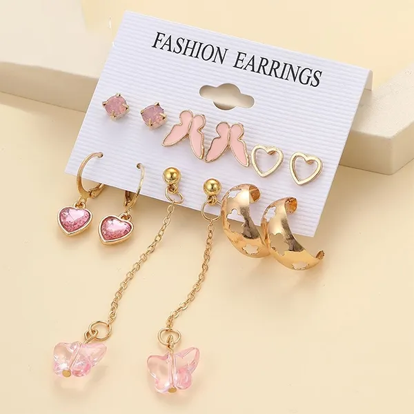 Thumbnail of 6 Pairs Pink Butterfly and Heart Gold Earring Set