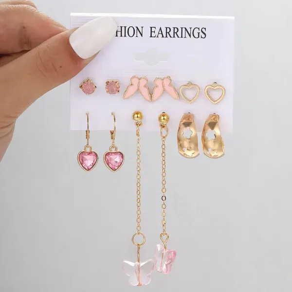 6 Pairs Pink Butterfly and Heart Gold Earring Set