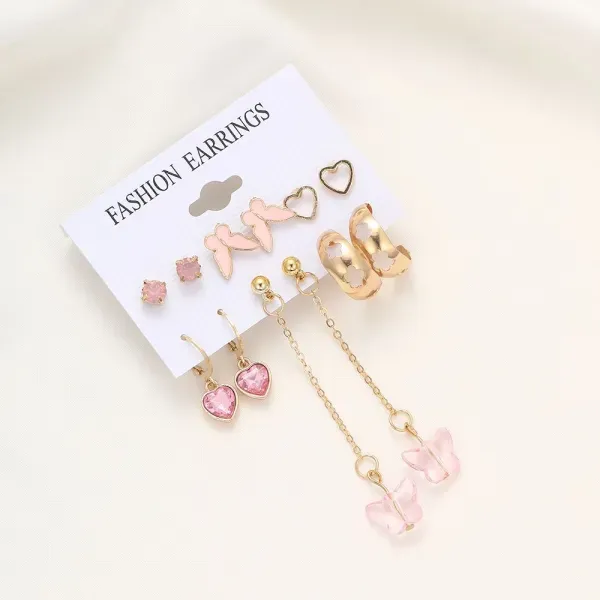 Thumbnail of 6 Pairs Pink Butterfly and Heart Gold Earring Set