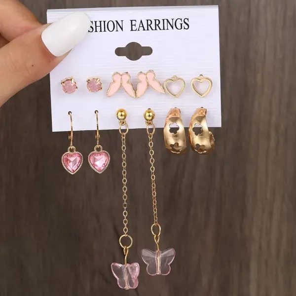 6 Pairs Pink Butterfly and Heart Gold Earring Set