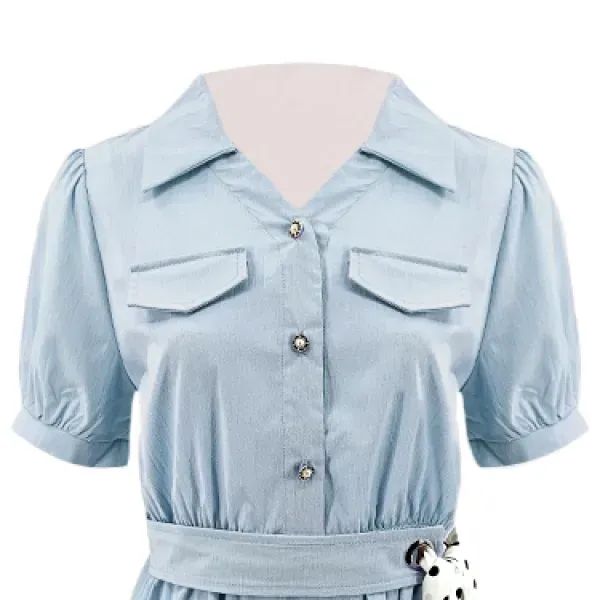 Blue Button-Up Shirt with Waist Tie