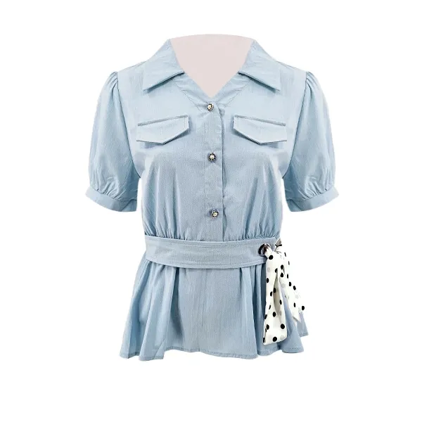 Blue Button-Up Shirt with Waist Tie