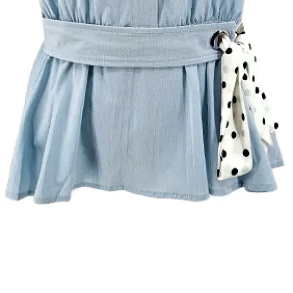 Blue Button-Up Shirt with Waist Tie