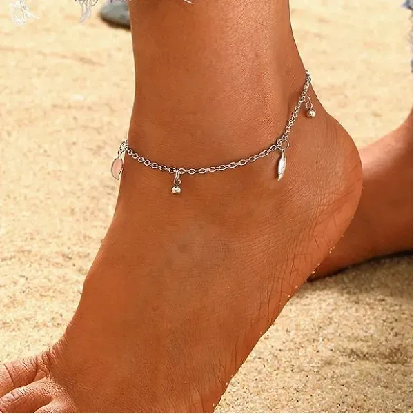 Silver Beaded Pendant Dangle Anklet