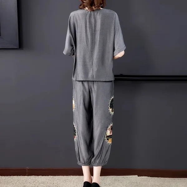 Graphic Print Cotton Linen Top and Cropped Pants Set