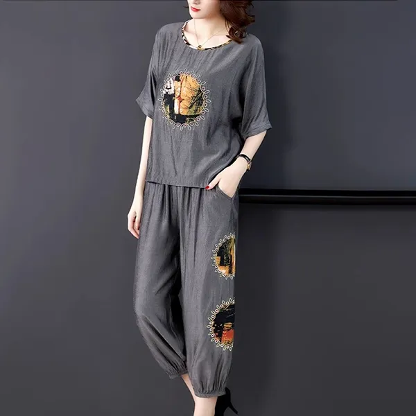 Graphic Print Cotton Linen Top and Cropped Pants Set