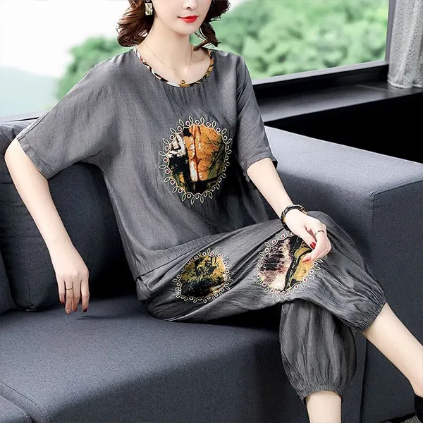 Graphic Print Cotton Linen Top and Cropped Pants Set