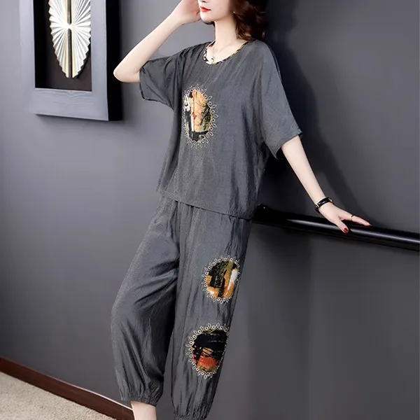 Graphic Print Cotton Linen Top and Cropped Pants Set