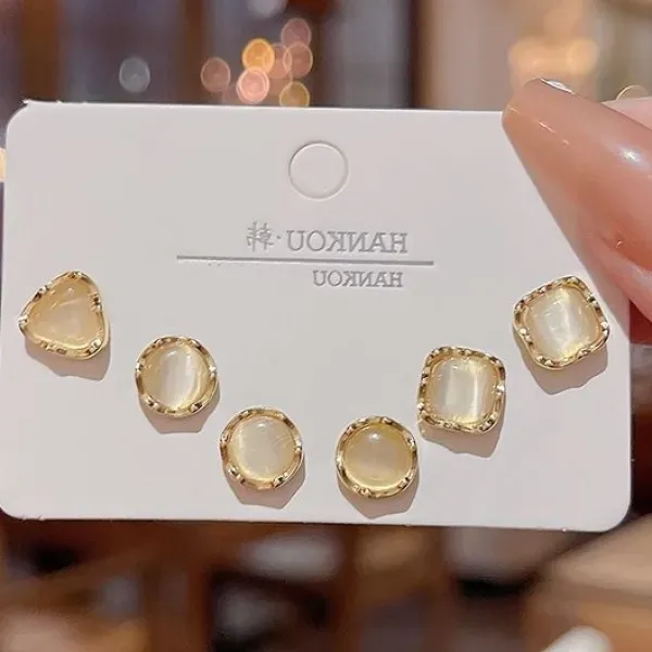Thumbnail of 5-Piece Geometric Opal Style Gold Stud Earrings Set