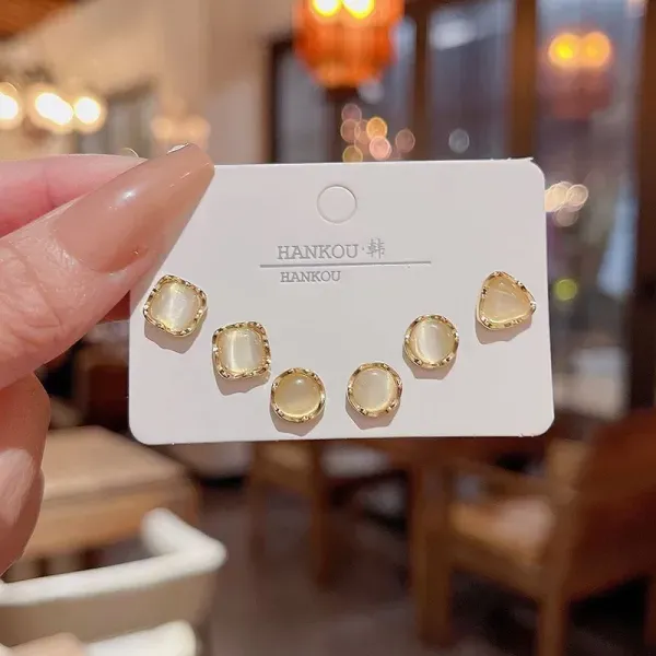 5-Piece Geometric Opal Style Gold Stud Earrings Set