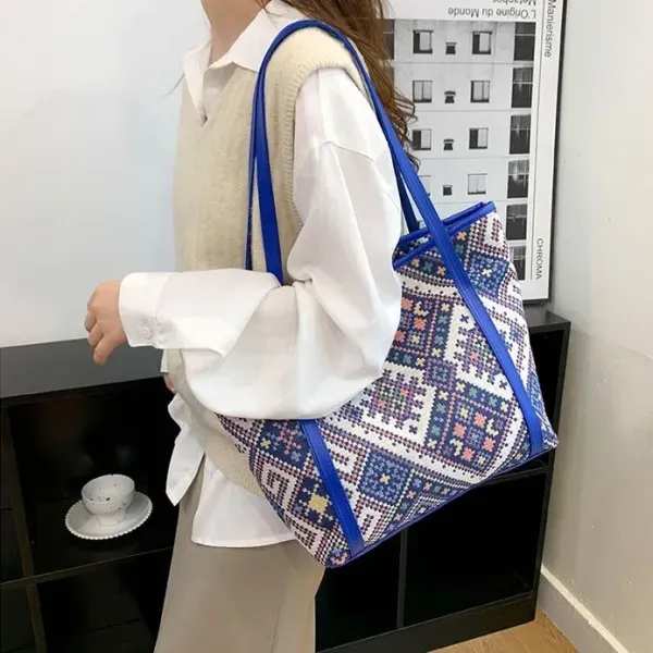 Large Woven Pattern Tote Bag With Shoulder Straps