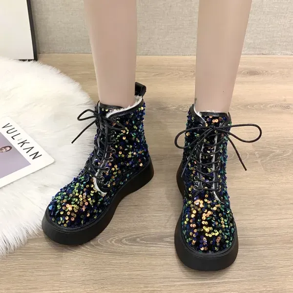 Women Sequin Lace Up Winter Combat Boots