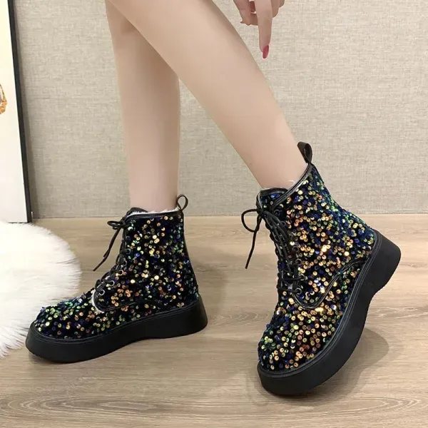 Women Sequin Lace Up Winter Combat Boots
