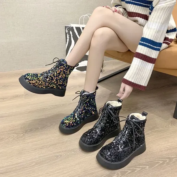Women Sequin Lace Up Winter Combat Boots