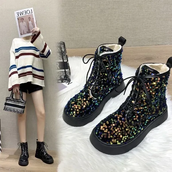 Women Sequin Lace Up Winter Combat Boots