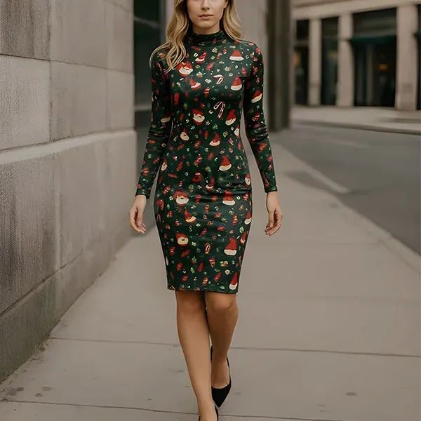 Christmas Festive Print Long Sleeve Dress
