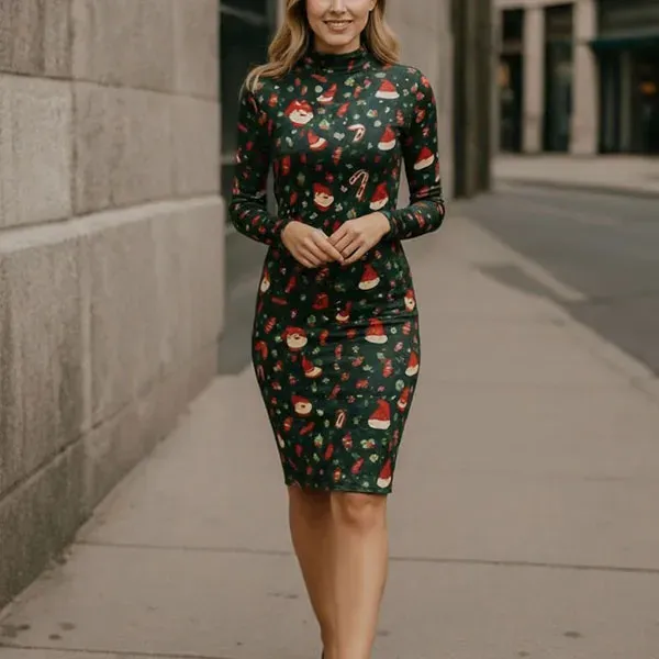 Christmas Festive Print Long Sleeve Dress