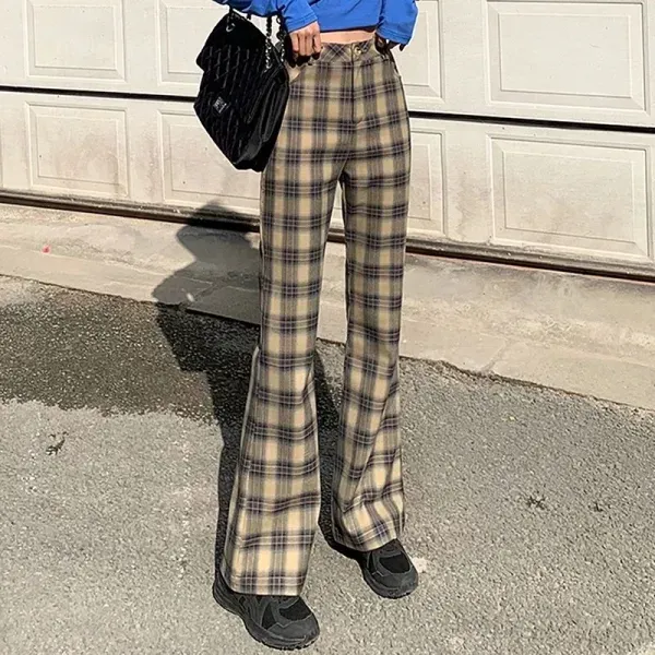 Vintage Plaid High Waist Straight Pants