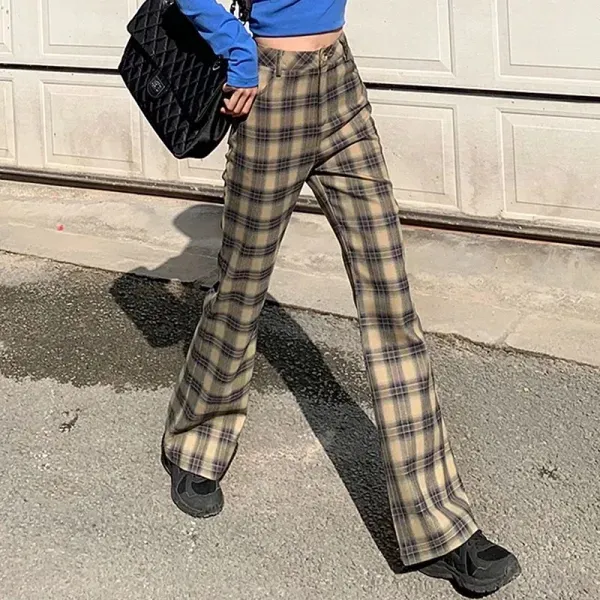Vintage Plaid High Waist Straight Pants